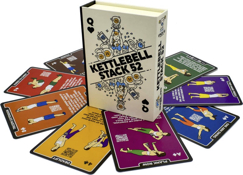 Stack 52 Kettlebell Exercise Cards. Workout Playing Card Game. Video Instructions Included. Learn Kettle Bell Moves and Conditioning Drills. Home Fitness Training Program. (2019 Updated Deck) - Image 1